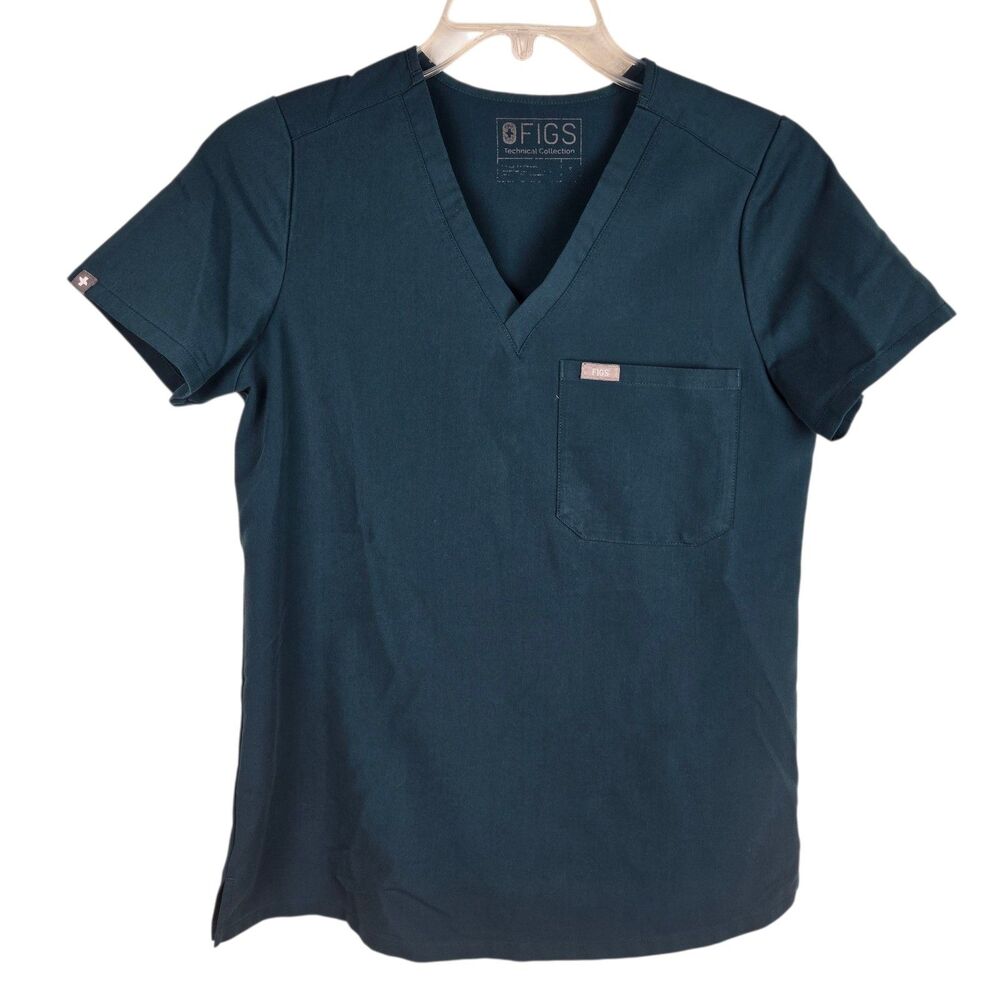 Figs Technical Collection Womens Scrub Top S V-Neck Teal Short Sleeve Medical